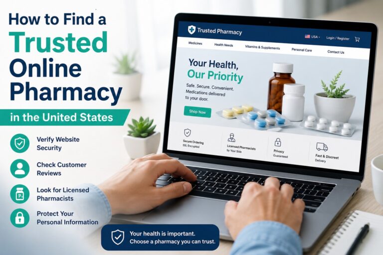 Customer using a secure online pharmacy website in the United States to purchase healthcare products safely.